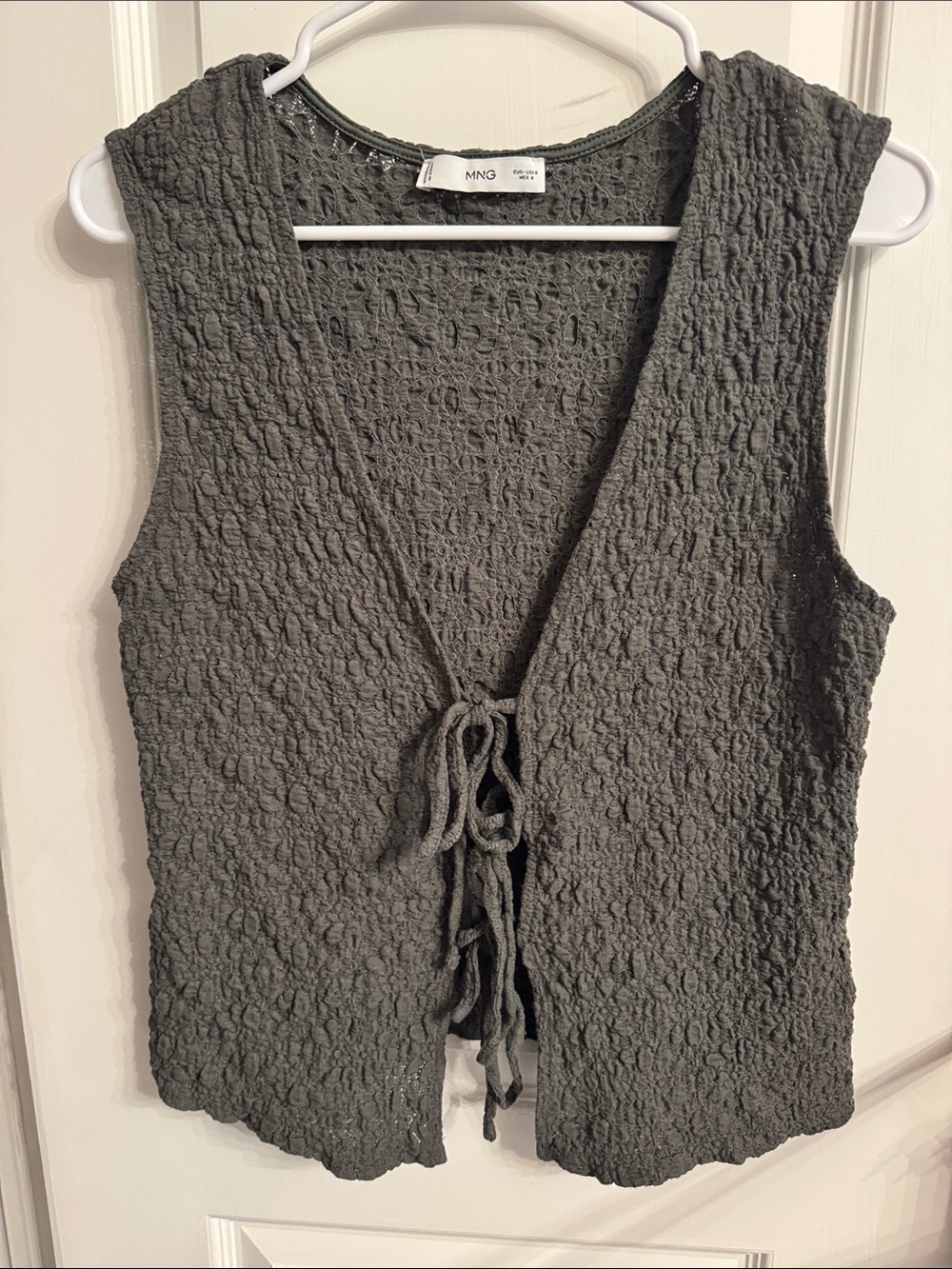 Mango Olivey Gray Textured Lace-Up Tank Top